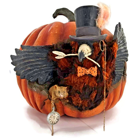 Bethany Lowe Cawing Pumpkin Halloween Raven Crow Top Hat Mouse Paper Mache Decor - Picture 1 of 16